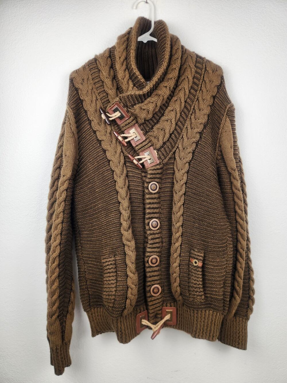 Leif Nelson Sweater Men XXL Brown Cable Knit Toggles Cardigan Pockets